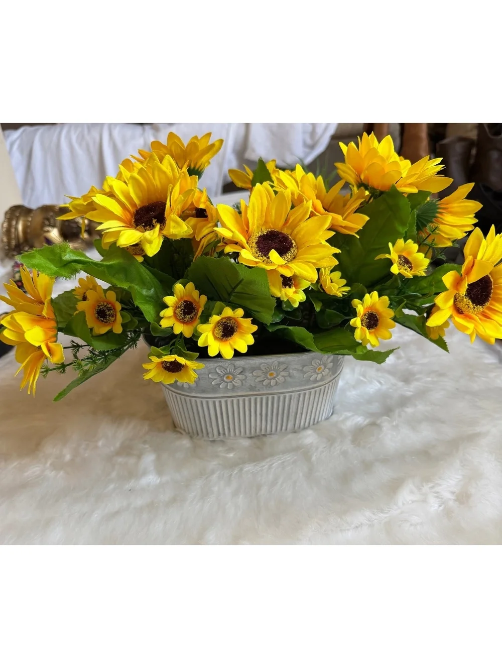 Artificial Sunflower Floral Arrangement in Decorative Metal